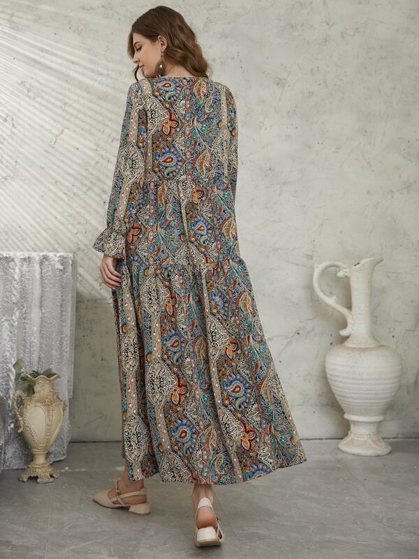 Mulvari Allover Floral & Paisley Print Tie Neck Flounce Sleeve Smock Modest Long Sleeve Dress