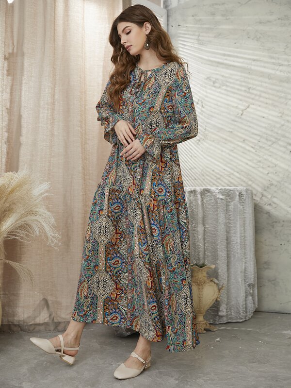 Mulvari Allover Floral & Paisley Print Tie Neck Flounce Sleeve Smock Modest Long Sleeve Dress
