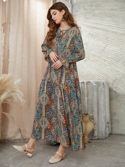 Mulvari Allover Floral & Paisley Print Tie Neck Flounce Sleeve Smock Modest Long Sleeve Dress
