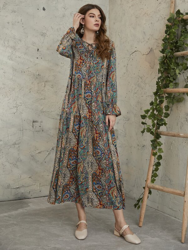 Mulvari Allover Floral & Paisley Print Tie Neck Flounce Sleeve Smock Modest Long Sleeve Dress