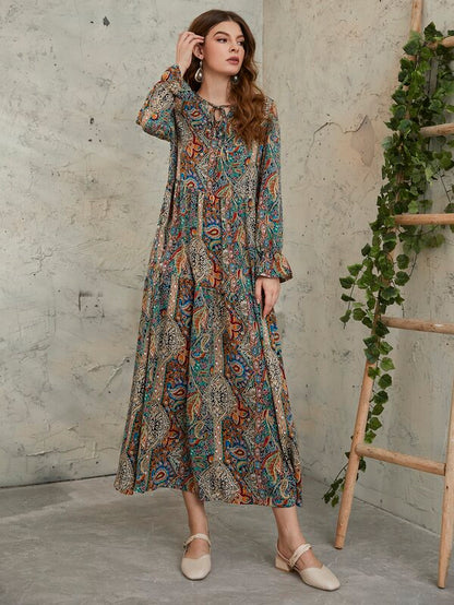 Mulvari Allover Floral & Paisley Print Tie Neck Flounce Sleeve Smock Modest Long Sleeve Dress