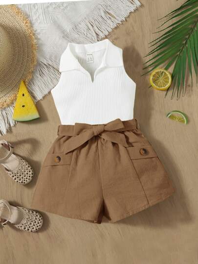 Baby Girl Ribbed Knit Tank Top & Belted Shorts