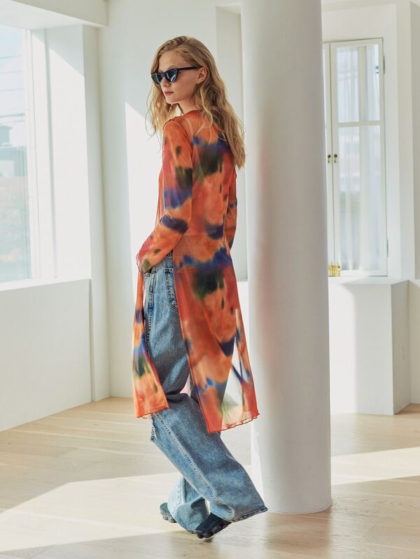 Dazy Designer Tie Dye Split Thigh Longline Top,Fall Clothes,Back To School Clothes Long Sleeve Women Tops