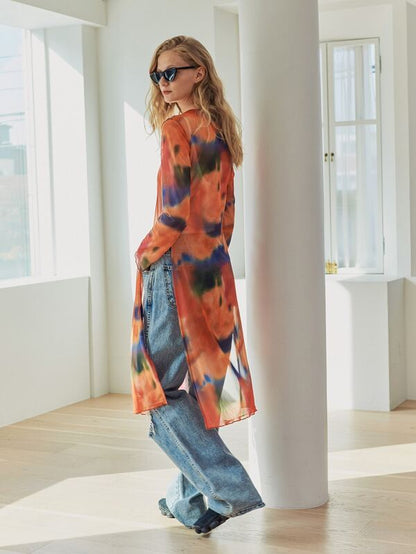 Dazy Designer Tie Dye Split Thigh Longline Top,Fall Clothes,Back To School Clothes Long Sleeve Women Tops