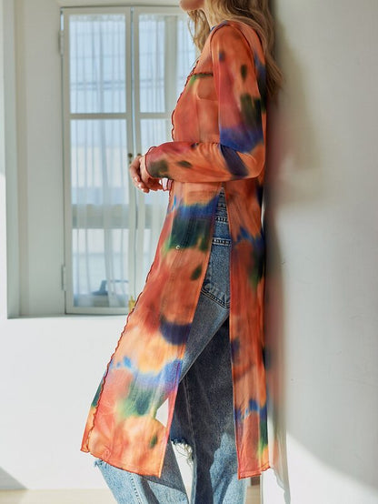 Dazy Designer Tie Dye Split Thigh Longline Top,Fall Clothes,Back To School Clothes Long Sleeve Women Tops