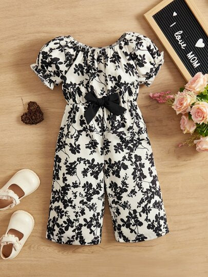 SHEIN Baby Girl Floral Print Puff Sleeve Bow Front Jumpsuit