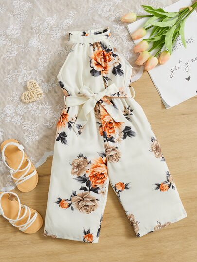 SHEIN Baby Girl Floral Print Belted Halter Jumpsuit