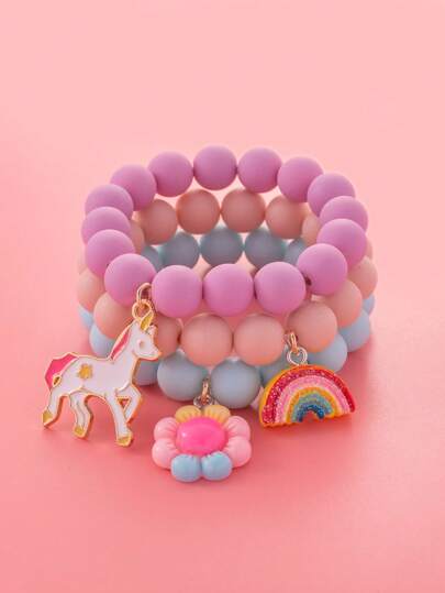3pcs/set Girls Rainbow Charm Beaded Bracelet
