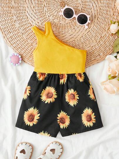 SHEIN Baby Girl Sunflower Print One Shoulder Romper
