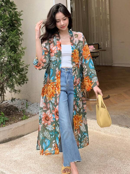 DAZY Floral Print Open Front Kimono Summer,Beach Women Outfits