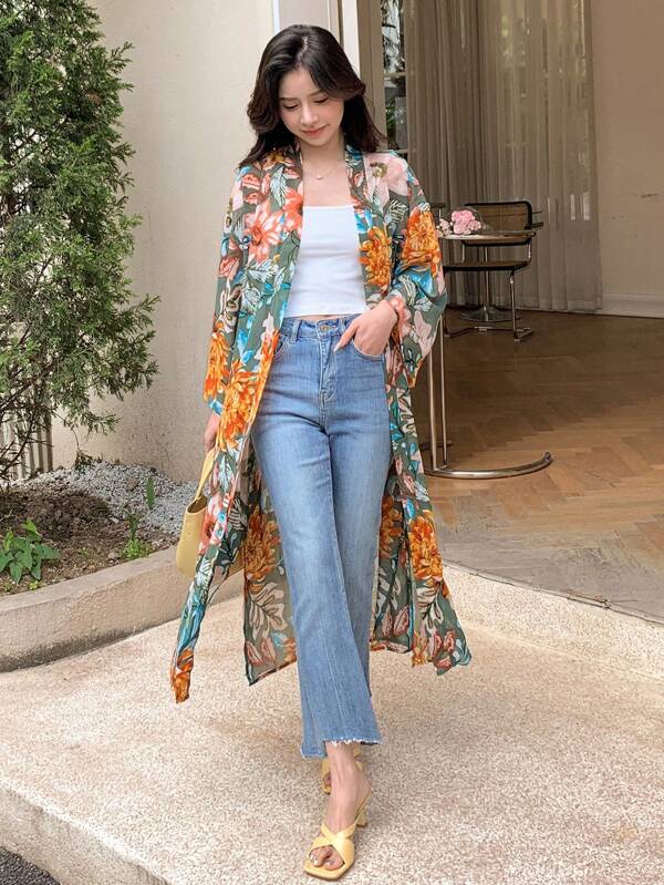 DAZY Floral Print Open Front Kimono Summer,Beach Women Outfits
