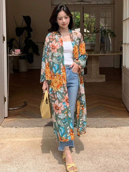 DAZY Floral Print Open Front Kimono Summer,Beach Women Outfits