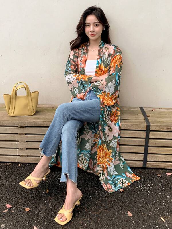 DAZY Floral Print Open Front Kimono Summer,Beach Women Outfits