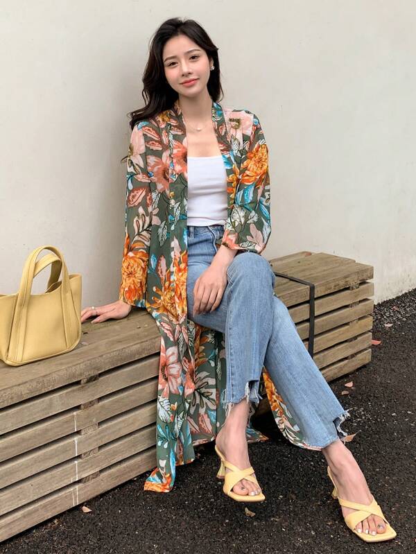 DAZY Floral Print Open Front Kimono Summer,Beach Women Outfits