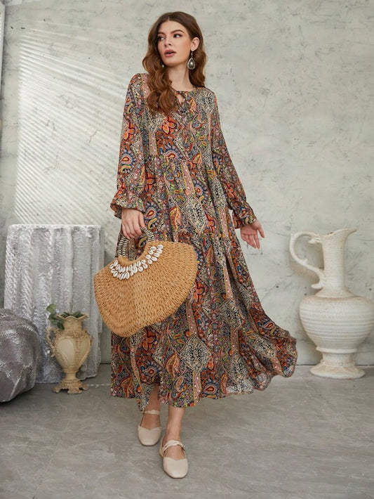 Mulvari Allover Floral & Paisley Print Tie Neck Flounce Sleeve Smock Modest Long Sleeve Dress