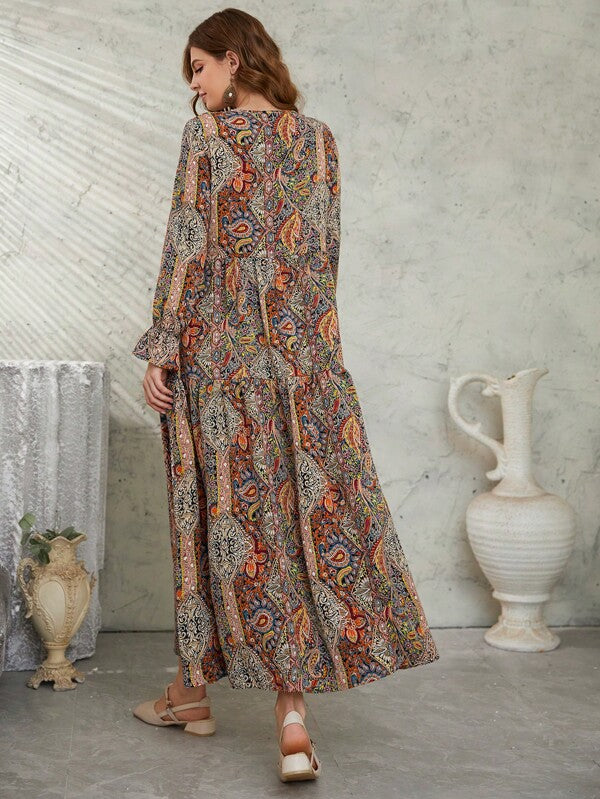 Mulvari Allover Floral & Paisley Print Tie Neck Flounce Sleeve Smock Modest Long Sleeve Dress