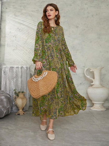 Mulvari Allover Floral & Paisley Print Tie Neck Flounce Sleeve Smock Modest Long Sleeve Dress
