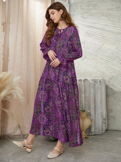 Mulvari Allover Floral & Paisley Print Tie Neck Flounce Sleeve Smock Modest Long Sleeve Dress
