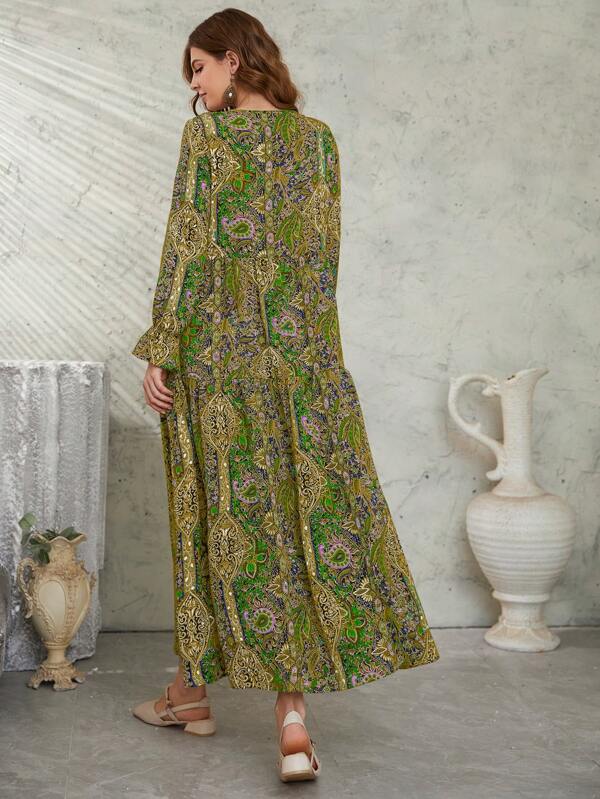 Mulvari Allover Floral & Paisley Print Tie Neck Flounce Sleeve Smock Modest Long Sleeve Dress