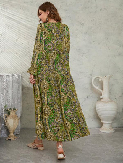 Mulvari Allover Floral & Paisley Print Tie Neck Flounce Sleeve Smock Modest Long Sleeve Dress