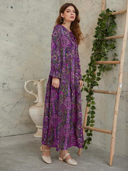 Mulvari Allover Floral & Paisley Print Tie Neck Flounce Sleeve Smock Modest Long Sleeve Dress