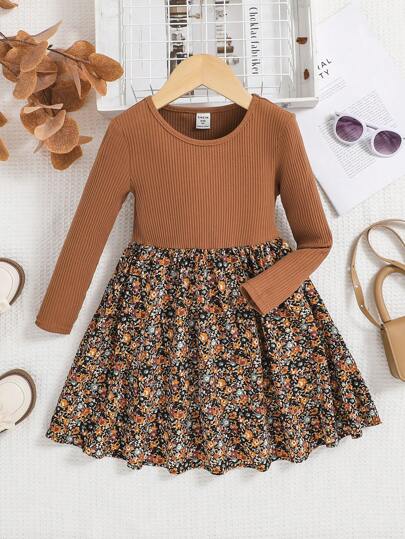 Young Girl Ribbed Crew Neck Fitted Patchwork Ditsy Floral Woven Dress