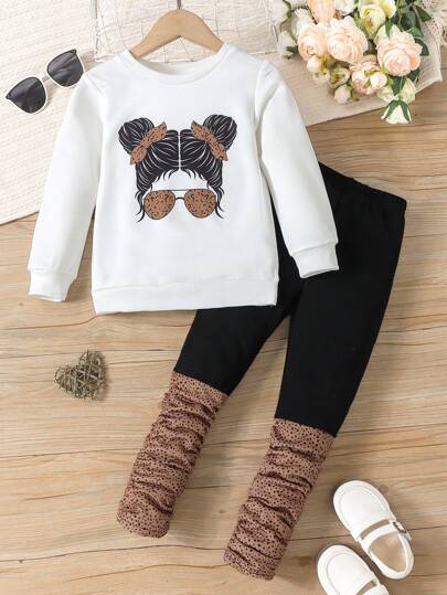 SHEIN Young Girl 2pcs/Set Autumn Floral Print Sweatshirt With Round Neckline And Polka Dot Print Pleated Pants Outfits