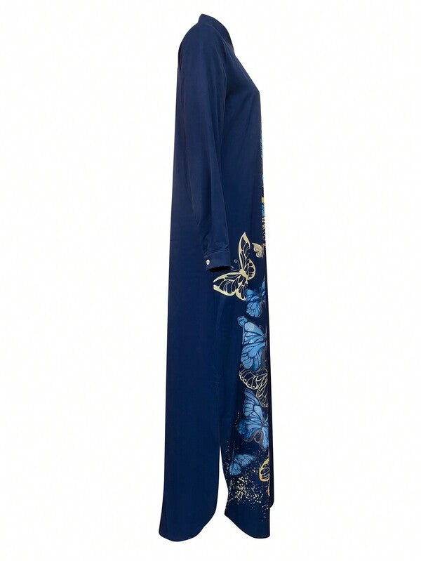 Women's Butterfly Print Button-Up Casual Long Shirt