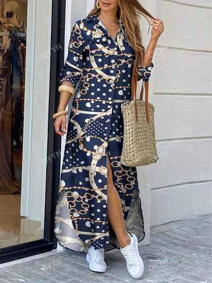 Women's Long Dress Fashion Print Shirt Dress Long Sleeve Loose Long Shirt Collar Casual Women's Long Dress
