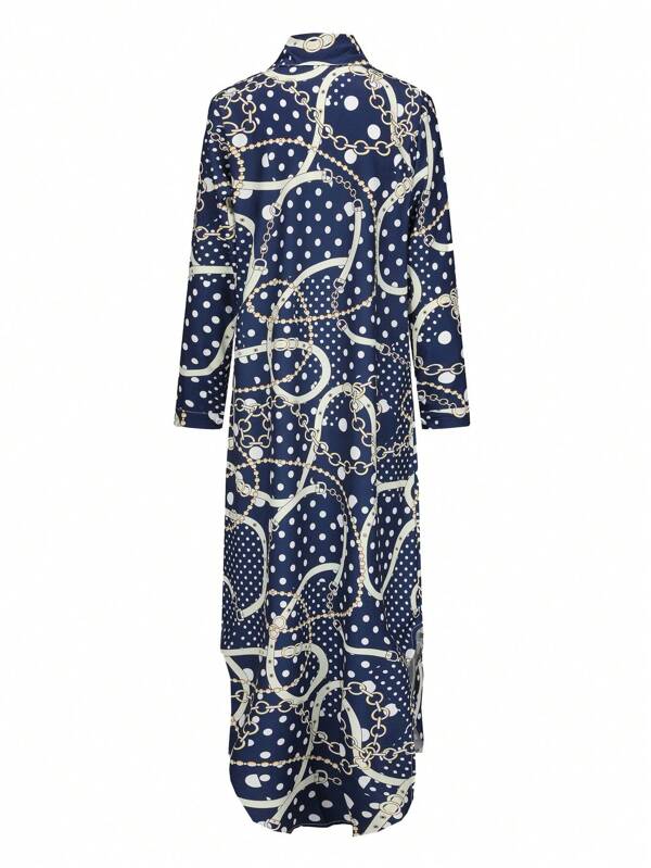Women's Long Dress Fashion Print Shirt Dress Long Sleeve Loose Long Shirt Collar Casual Women's Long Dress