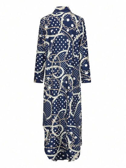Women's Long Dress Fashion Print Shirt Dress Long Sleeve Loose Long Shirt Collar Casual Women's Long Dress