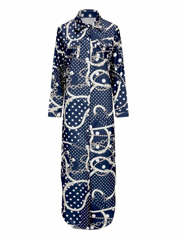 Women's Long Dress Fashion Print Shirt Dress Long Sleeve Loose Long Shirt Collar Casual Women's Long Dress