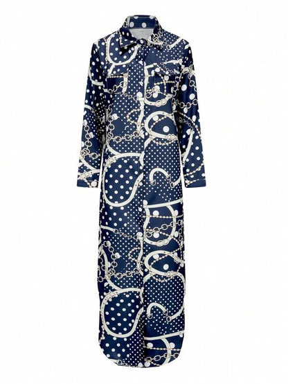 Women's Long Dress Fashion Print Shirt Dress Long Sleeve Loose Long Shirt Collar Casual Women's Long Dress
