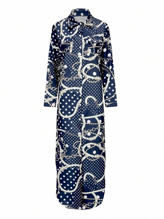 Women's Long Dress Fashion Print Shirt Dress Long Sleeve Loose Long Shirt Collar Casual Women's Long Dress