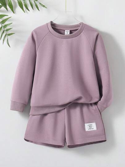 SHEIN 2pcs/Set Young Girls' Casual Comfortable Solid Color Long Sleeve Sweatshirt And Shorts Set For Spring And Summer, School, Campus, College