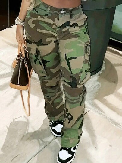 Teen Girls' Camouflage Straight Loose Casual Cargo Denim Jeans
