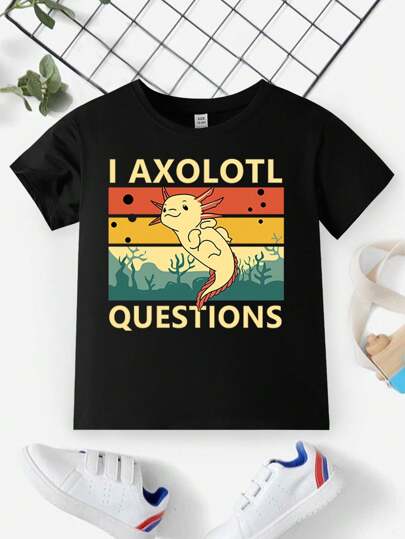 Young Boys' Cool Street Style Cartoon Printed T-Shirt With Catchy Slogan, Casual Round Neck Summer Top