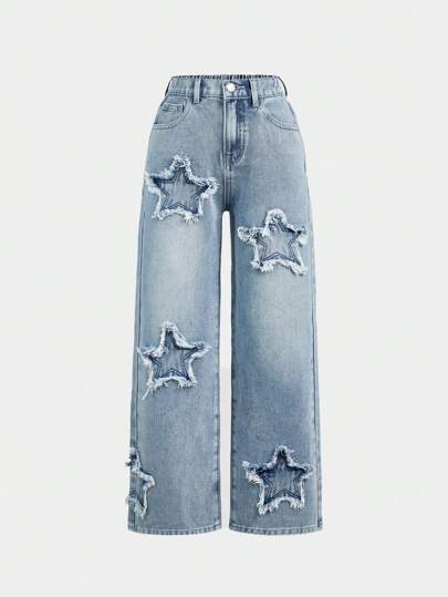 SHEIN Girlism Tween Girls Y2K Spring And Summer Boho Star Patched Faded Frayed Boyfriend Baggy Straight Leg Denim Jeans, Kid's Clothing Outfits