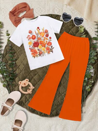 GraphicGems Tween Girl Floral Printed Short Sleeve Round Neck T-Shirt And Flared Pants Two Pieces, School, Campus, College