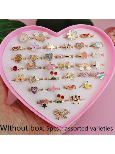 (Without Box) 5pcs/Lot Fashion Silver/Gold Girls Alloy Finger Ring Child Jewelry Gift Adjustable Rings Random Send