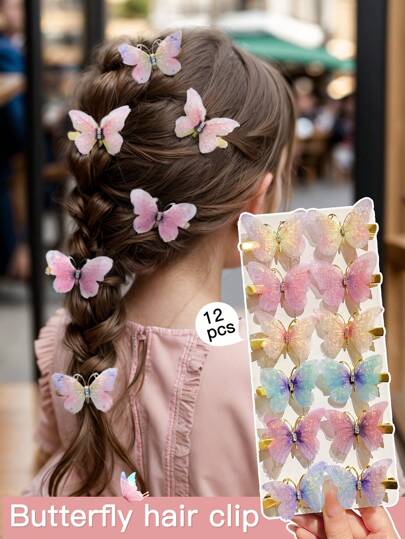 6/12pcs Hair Accessories Colorful Butterfly & Beak Clip With Gauze For Girls