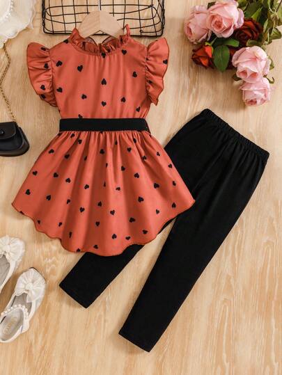 Young Girl Summer Heart Print Bow Knot Halter Asymmetric Hem Sleeveless Top And Tight Pants Set For Outdoor Leisure