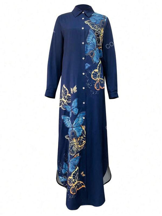 Women's Butterfly Print Button-Up Casual Long Shirt