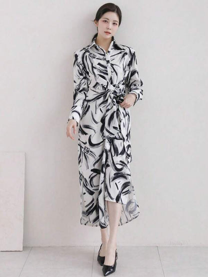 DAZY Women Casual Belted Shirt Dress With Random Print,Fall Dress