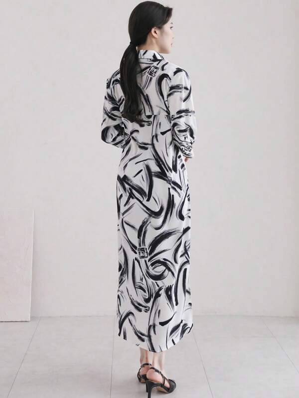 DAZY Women Casual Belted Shirt Dress With Random Print,Fall Dress