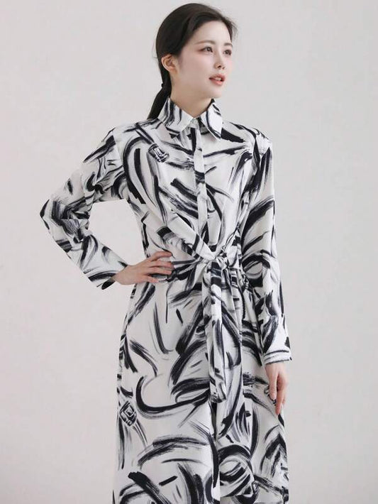 DAZY Women Casual Belted Shirt Dress With Random Print,Fall Dress