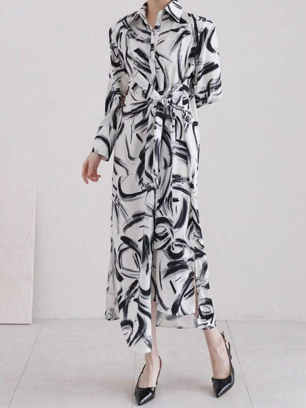 DAZY Women Casual Belted Shirt Dress With Random Print,Fall Dress