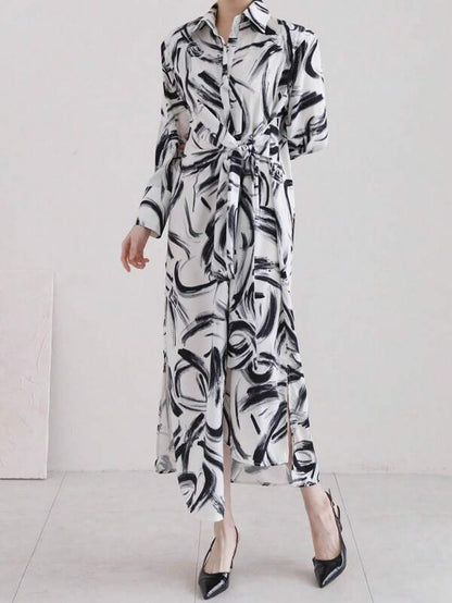 DAZY Women Casual Belted Shirt Dress With Random Print,Fall Dress
