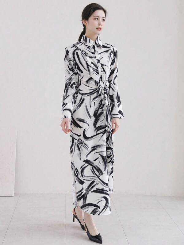 DAZY Women Casual Belted Shirt Dress With Random Print,Fall Dress