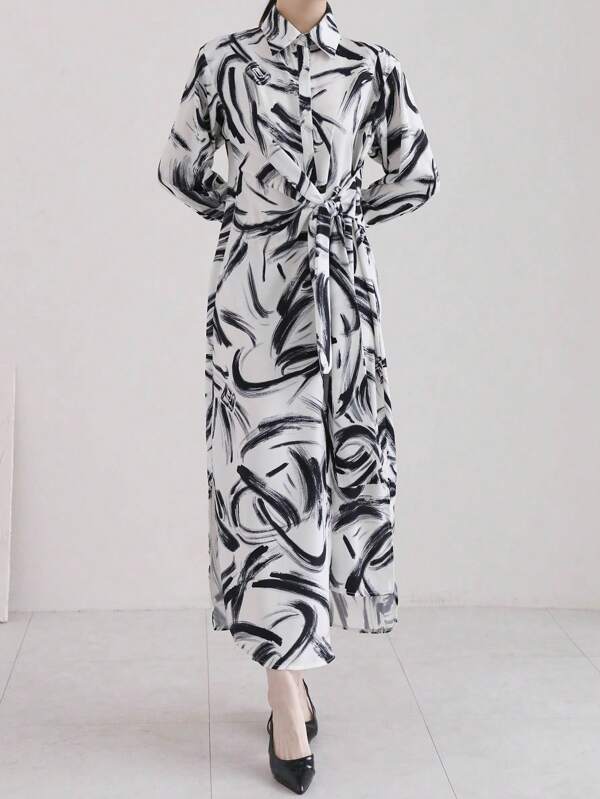 DAZY Women Casual Belted Shirt Dress With Random Print,Fall Dress